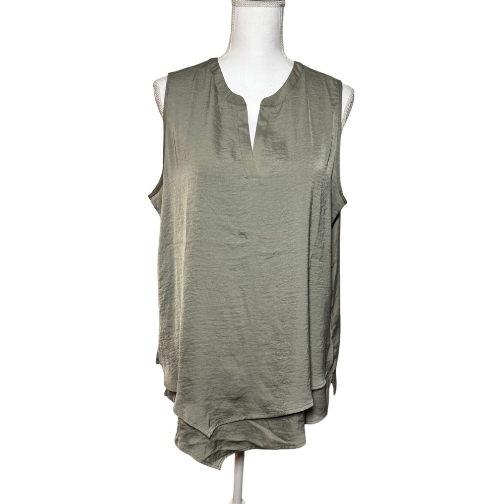 Chico's Sleeveless Split Neck Layered Asymmetrical Blouse 2 Olive Green
